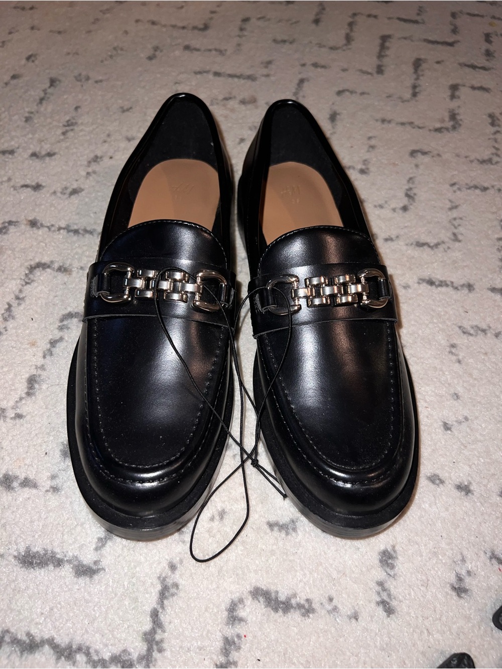 H&M NWT Black Leather Loafers with Chain Accent